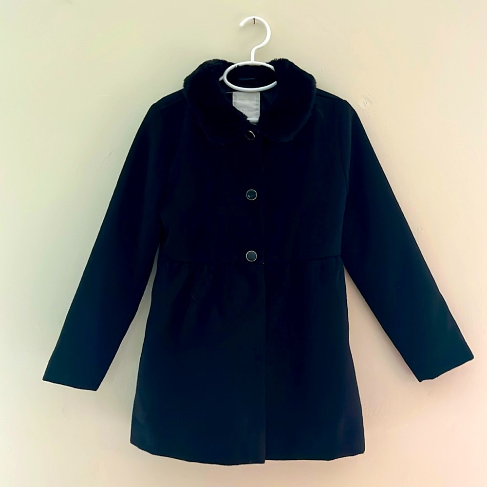 Gymboree Girls Black Faux Fur Collar Dress Coat in EUC Size 7-8 Medium